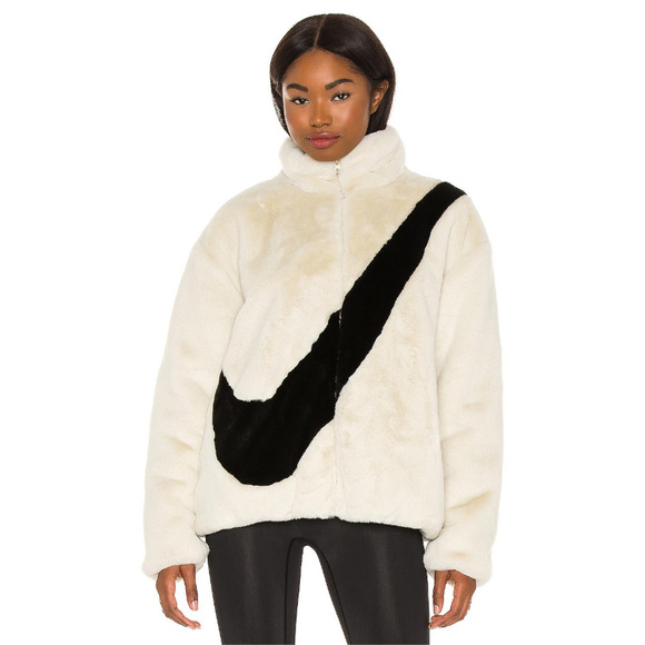 Nike NSW Plush Cream Swoosh Check Faux Fur Teddy Oversized Jacket XS - Picture 1 of 5